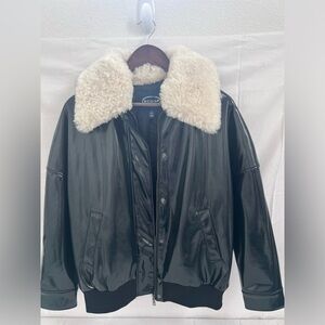 Scoop Women's Faux Leather Bomber Jacket W Faux Collar Black M (8-10)